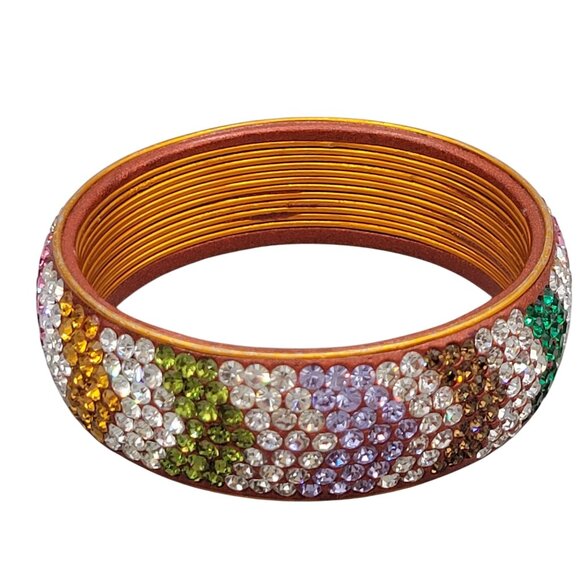 Encrusted Rhinestone Bangle Bracelet Copper Colored Metal Multicolored - Picture 4 of 10